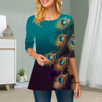 Suurusele pluss naiste lille paabulinnusulgede mustriga &uuml;mara kaelusega vabaaja lahtine pikkade varrukatega topp 8XL