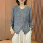 Naiste puuvillased linased s&auml;rgid Suvine retros&auml;rk Lahtine salendav &uuml;lemine linane v&auml;ikesed s&auml;rgid Suure suurusega &otilde;huke pluus 3XL hall-sinine v&auml;rv