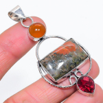 Unakite, Carnelian Handmade 925 Sterling Silver Jewelry Pendant 2.88 t9n46