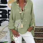 Naiste puuvillase ja linase mustriga vabaaja V-kaelusega suures suuruses tr&uuml;kis&auml;rgi topid XL roheline