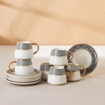 Maailm T&uuml;rgi kohvitasside komplekt 6 tk, 80 ml, 2,7 untsi, V&auml;ikesed espressotassid alustassidega, Portselan, Mustad mustrid ja kuldsed k&auml;epidemed, Small