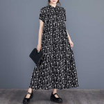 Women's Summer Short Sleeve A-Line Dress Black White Printed Oversized Tunic, Casual Loose Fit Tiered Dress one size fits all