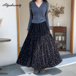 Korea Mood S&uuml;gis Talv Naiste Sametseelik Seelik K&otilde;rge V&ouml;&ouml;koht Lilleline Tr&uuml;kis Must Pruun Midi Seelik Vintage Elegantne Naiselik Volangidega Seelik One Size black