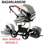 BAZARLAND30.Poussette 3 en 1 B&eacute;b&eacute; Combin&eacute;e Si&egrave;ge-Auto Nacelle Trio R&eacute;versible cuir pu Roues increvables Canne. GRIS