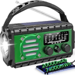 20000mAh h&auml;daolukorra raadio, SW/AM/FM/WB, p&auml;ikeseenergial t&ouml;&ouml;tav v&auml;ntlaadija suure akuga, mobiiltelefoni laadimine, SOS, taskulamp h&auml;daolukorraks roheline