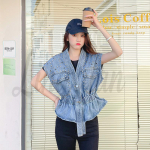 Suvine Naiste Ebakorrap&auml;rane P&auml;rlitega V&ouml;&ouml;kohast Kitsendatud Varrukateta Denim Vest Top One Size sinine