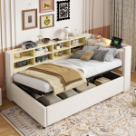 Polsterdatud diivanvoodi 90*200 cm, H&uuml;drauliline panipaik, &Ouml;&ouml;lamp, USB, Type-C laadimine, Riiulid, Sahtlid, Peats&auml;ng, Multifunktsionaalne, Samet, Beež 214.5 x 100.5 x 81 cm beež