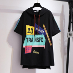 2XL-6XL suure suurusega naiste suvine vaba tr&uuml;kitud kapuutsiga l&uuml;hikeste varrukatega T-s&auml;rk, s&auml;rk top 2XL must