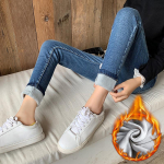 Winter Thick Plus Velvet Naiste k&otilde;rge v&ouml;&ouml;kohaga kitsad teksad Lihtne fliis, soe, &otilde;huke, veniv naiste vabaaja teksap&uuml;ksid M sinine