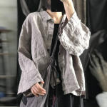 Johnature linane Vintage Print Alla keeratav krae naiste s&auml;rgid T&auml;isvarrukatega kevadised lahtised retro vabaaja vabad topid One Size helehall v&auml;rv