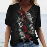 2022. aasta uued naiste T-s&auml;rgid Skull Print Naiste l&uuml;hikeste varrukatega topid V-kaelusega Pullover T&auml;navar&otilde;ivad Suured T-s&auml;rgid Suveriided 6XL