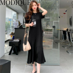 MODIQUE 2023 suvine suures suuruses uus kleit-s&auml;rk naiste avar lapiline puuvillane linane trompet/merineitsi kleit, soliidsed vabaaja kleidid naiste kaelusega XL must