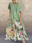 Suvine uus mood Vestidos naiste vabaaja elegantne puuvillane ramjee lapiline prindiga suur all&auml;&auml;r, vaba plusssuuruses Vintage rannamidi kleit M-5XL 3XL roheline