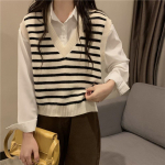 Must-valge triibuline V-kaelusega camisole volditud vest vest kootud kampsun naiste s&uuml;gis 2023 avar pullover varrukateta vest naisterahvas One Size must