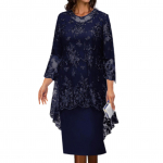 1 komplekt Sallkleidi lillemustriga tikitud pitsiga Elegantne kaelusega pidulik pidulik kleidikomplekt peoks 2XL tumesinine v&auml;rv