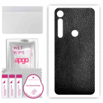 apgo Protective Skin Sticker for the back compatible with Motorola One Vision Plus, Wrap Film, Foil, Vinyl - Pattern Black Leather