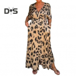 Naiste kleit V kaelusega pingul v&ouml;&ouml;kohaga Leopardimustriline avar pahkluu pikkus &uuml;he rinnaga kontrastv&auml;rvi taskud Pehme l&otilde;hestatud &auml;&auml;risega daami maxi kleit 3XL roheline