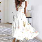 Naiste pikk kleit Maxi kleit vabaaja kleit Suvine vabaaja varrukateta V-kaelusega Boho v&ouml;&ouml;koha tagasit&otilde;mbega kleit tr&uuml;kiga M sinine