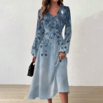 Naiste vabaajamoe V-kaelusega pikkade varrukatega lillemustriga pikk kleit L sinine