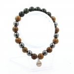 Pierres et Min&eacute;raux. Bracelet Emeraude de Zambie + Perles H&eacute;matite + bois 8 mm. Fabriqu&eacute; en France.