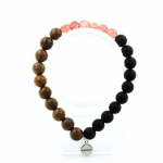 Pierres et Min&eacute;raux. Bracelet Strawberry Quartz de Madagascar + Perles Onyx noir mat + bois Fabriqu&eacute; en France.