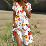 L&uuml;hikeste varrukatega boheemlaslik kleit naistele, vabaaja ja lahtise l&otilde;ikega suvine suviline lilleline kleit taskutega L armee roheline v&auml;rv