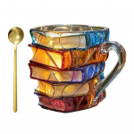 V&auml;rvitud raamatukruus lusikaga, loominguline 3D virnastatud raamatute kohvitass, retro romaanistiilis tass, kollektsioon, kingitused kirjanduss&otilde;pradele