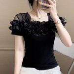 Klassikaline Suvine Naiste V&otilde;rkvolangiga Lilledega Kaunistus Ruudukujuline Kaelus L&uuml;hikeste Varrukatega T-s&auml;rk Elegantne Butiigi Daami Vabaaja &Uuml;laosa T-s&auml;rgid S must