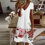 Suvemood naiste V-kaelusega l&uuml;hikeste varrukatega lillega tr&uuml;kitud kleit Seks-l&uuml;hikese seelikuga kleidid XS