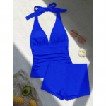 Uus suvine ujumistrikoo naistele Push Up ujumistrikoo l&uuml;hikesed p&uuml;ksid topid komplekt Ujumisriided k&otilde;rge v&ouml;&ouml;koht rannar&otilde;ivad monokini ujumisriided naistele S sinine