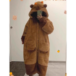 Naiste talvine kapuutsiga pusa - Paks pl&uuml;&uuml;sist loomamustriga pikk kodukleit, &Uuml;lipehme soe pidžaama, Mugav vabaajar&otilde;ivas, Soe kodukleit M pruun