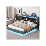 Polsterdatud voodi - MUVOE - 160x200 cm - USB-pistikupesa - LED-valgustus - P&ouml;&ouml;ratav peats hall