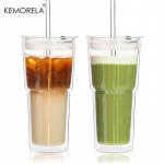 2 tk Kahekordse seinaga klaasist joogitopsid kaanede ja k&otilde;rtega 590ML Borosilikaatklaasist Matcha tassid vee, j&auml;&auml;tee, matcha latte, smuutide jaoks 590ML