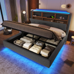 Polsterdatud voodi, 140 &times; 200 cm, LED-valgusriba, h&uuml;draulilise mehhanismiga panipaik, ujuv disain, madrats ei kuulu komplekti, USB ja Type-C pordid, linane kangas, hall 217 x 141 x 110 cm hall