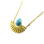7bis [Q1509] - Collier artisanal 'Boho' (plumes) turquoise dor&eacute; - 15x7 mm t&uuml;rkiissinine
