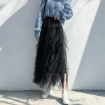 Moodne Tutu t&uuml;llseelik Naiste pikk Maxi seelik Kevadine korea must roosa k&otilde;rge v&ouml;&ouml;kohaga plisseeritud seelik naistele One Size must