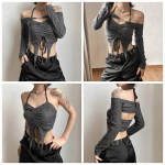 Goth Vintage Mall Gooti n&ouml;&ouml;riga naiste T-s&auml;rgid 2-osaline komplekt Y2k Retro Fairy Grunge Camisole pikkade varrukatega pandlaga k&auml;rbitud topid s