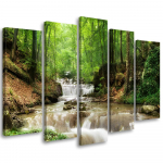 Viieosalise pildiga l&otilde;uenditr&uuml;kk Waterfall Forest Stream Nature 100x70 roheline