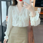 Moodne vintage V-kaelusega pitss&auml;rk naiste elegantne aprikoosist &otilde;huke varrukatega pluus, naiste tikandid, s&uuml;gisene vabaaja naiste topid 29523 S aprikoosi