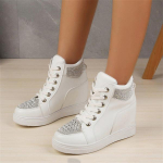 Wedge Heels Kingad naistele Suure suurusega nahast vabaajajalatsid valged mustad rhinestones k&otilde;rged tossud naiste vulkaniseeritud paelad 39 valge