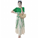 Riietatud naiste suvine l&uuml;hikeste varrukatega &uuml;mmargune kaelus temperament pendeldamine mood vaba aeg k&otilde;rgekvaliteediline tr&uuml;kitud pikk seelik M roheline