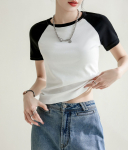 Icy Cotton Raglan varrukad, kontrastset v&auml;rvi Slim Fit, &uuml;mara kaelusega l&uuml;hikeste varrukatega T-s&auml;rk naistele 2024 kevad ja suvi uus korea stiilis pullover top S