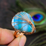 Natural Aqua Lace Agate Gemstone Handmade Copper Wire Wrap Ring Size 7 o7s61