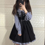 Kawaii Girl Doll Collar Ruffles pikkade varrukatega kleit + Preppy must rihmakleit naistele Magusad Jaapani komplektid Kaheosalised &uuml;likonnad S