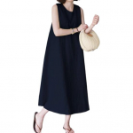 Naiste suvekleit O kaelusega avar A-kujuline varrukateta &uuml;hev&auml;rviline, s&auml;&auml;re keskosa pikkus, pehme hingav vabaaja taskud, suures suuruses naiste midikleit XL tumesinine v&auml;rv