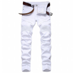 Meeste Classic Joger Moto Biker Teksad Skinny Slim Fit Denim P&uuml;ksid P&otilde;lvedrape Panel Distressed Valged Mustad Teksad 42 valge