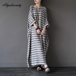 Suures suuruses suvine s&uuml;gisene naiste pikk kleit, &uuml;lisuur triibuline hall Khaki avar vintage kleit Batwing varrukatega puuvillane linane retrokleit XL