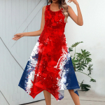 Naiste vabaaja moodne &uuml;mara kaelusega varrukateta mustriga ebaregulaarse servaga midikleit L sinine