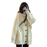 Naiste kampsun V-kaelusega pikkade varrukatega &uuml;hev&auml;rviline suurte taskutega kudumismantel hall