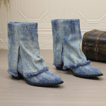 Denimsinised Naiste L&auml;&auml;nelikud Cowgirl Saapad Moodsad Terava Ninaga Ruudukujulise Kontsaga Kingad S&uuml;gisesed Daamide Vintage L&uuml;hikesed Saapad 35